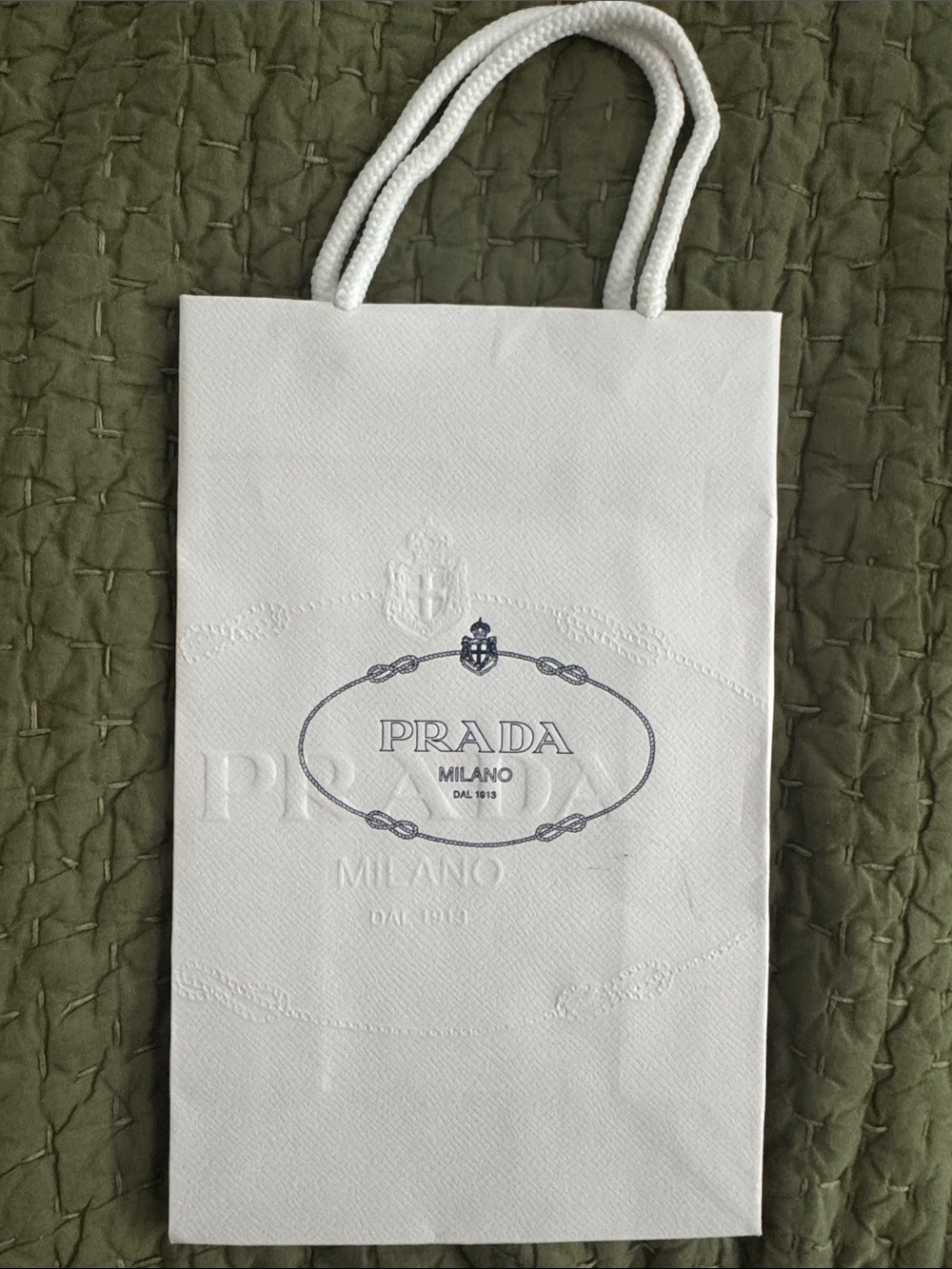 Prada White Shopping Bag with Navy Logo